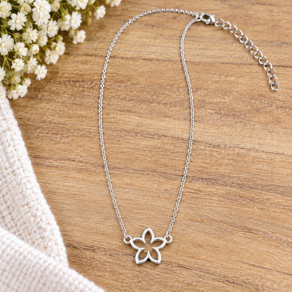 Silver Tone Flower Pendant Necklace Dainty Floral Adjustable Chain